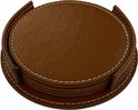 Leren Onderzetters - Onderzetters voor glazen - Tafelaccessoires - Onderzetters met houder - 4 stuks - Camel