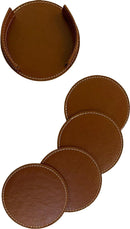 Leren Onderzetters - Onderzetters voor glazen - Tafelaccessoires - Onderzetters met houder - 4 stuks - Camel